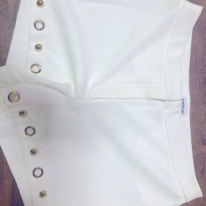 White BEBE Gold White Linen Shorts w Gold Studs